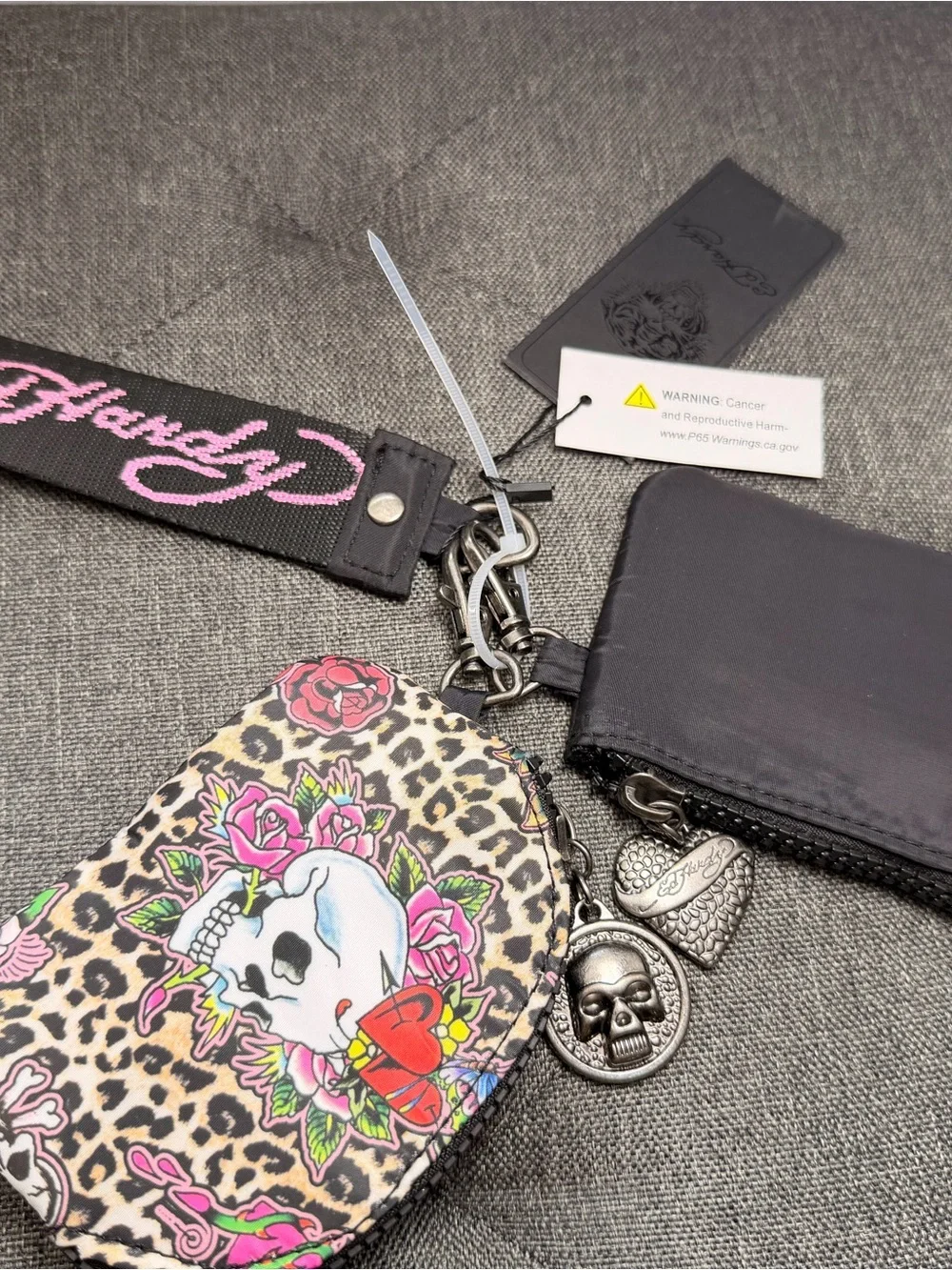 Ed Hardy Black and Pink Leopard Skull Wristlet Key & Card Holder